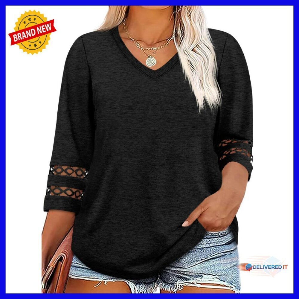 Plus Size 3/4 Sleeve Lace Tunic Blouse Loose Fit V Neck Top
